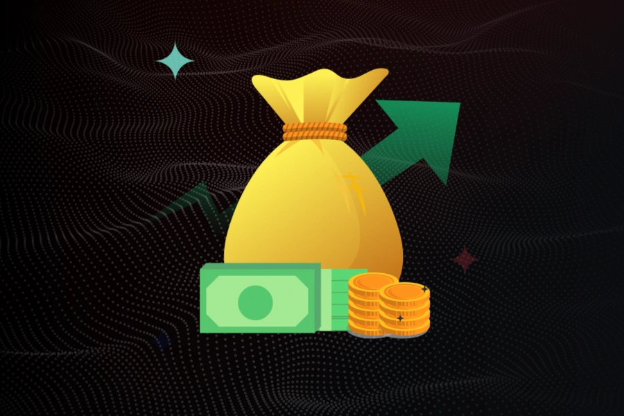 150% USDT casino welcome bonus illustration with money bags, cash, coins and an upward arrow
